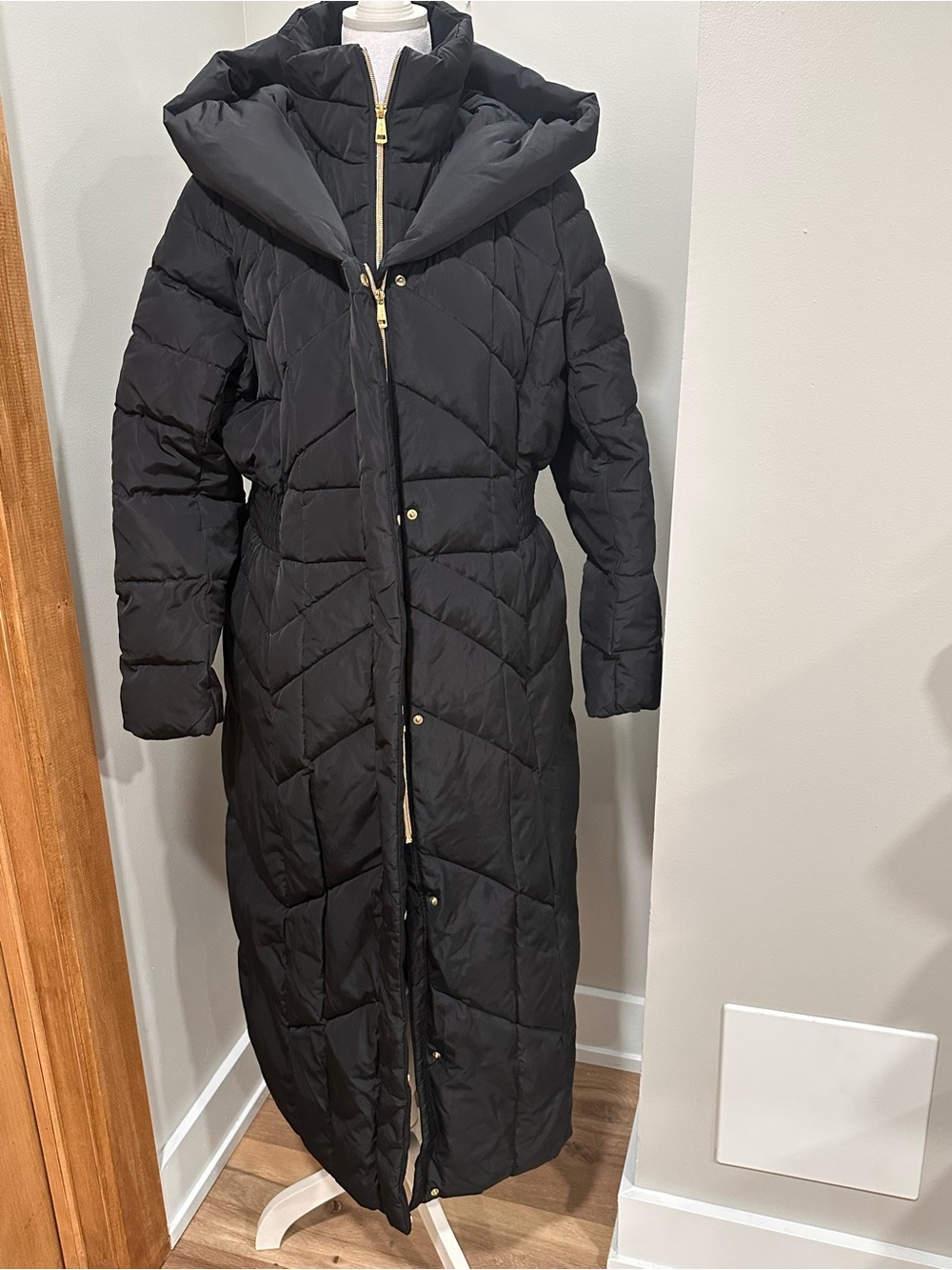 Cole Haan Long Black Quilted Puffer Coat with Hood